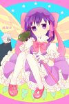  1girl bad_id cardcaptor_sakura child cosplay crest_worm fate/zero fate_(series) gloves hair_ribbon hara_(yakiburi) hoodie insect_wings kinomoto_sakura kinomoto_sakura_(cosplay) magical_girl mary_janes matou_kariya matou_sakura namesake purple_eyes purple_hair ribbon shoes staff violet_eyes white_gloves white_hair wings young 