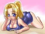  blonde_hair blue_eyes blush breasts cosmic_break lazflamme nire_nanaki plain_background school_swimsuit simple_background swimsuit 