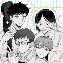  4boys :| behind_another closed_mouth collared_shirt commentary dress_shirt eyebrow_cut futsuu_no_keion-bu glasses grid_background grin guitar_case highres instrument_case instrument_case_on_back male_focus mizuo_haruichi multiple_boys necktie parted_bangs partially_colored protocol._(futsuu_no_keion-bu) school_uniform shirt short_hair smile symbol-only_commentary taguchi_ryuuya takami_kouki tohno_gen tsurime ttt_konbu twitter_username upper_body v watermark 