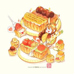  1girl animal_ears apron argyle_clothes argyle_vest artist_name blacked_(phrase) brown_hair brown_shirt butter_knife cherry_tomato chibi commentary_request copyright_notice crown dress food food-themed_clothes food-themed_creature fruit gold_crown green_apron heart heart-shaped_mouth holding holding_knife knife korean_commentary light_blush long_hair long_sleeves looking_at_food mini_crown open_mouth original oversized_food oversized_object pinafore_dress plate puffy_long_sleeves puffy_sleeves rabbit_ears rabbit_girl shadow shirt sleeveless sleeveless_dress smile solid_oval_eyes solo sparkle speech_bubble spoken_heart strawberry talbi tomato turtleneck turtleneck_shirt very_long_hair vest waist_apron white_vest yellow_dress 