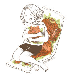  1girl barefoot bearer_of_the_curse braid closed_eyes dakimakura_(object) dark_souls_(series) dark_souls_ii empthylee full_body half_up_braid head_of_vengral hugging_object open_mouth pillow pillow_hug shirt shorts simple_background smile solo white_background 