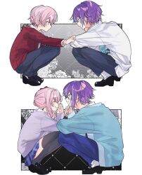  1boy 1other absurdres akiyama_mizuki blue_hair blue_sweater closed_eyes commentary dh_vxt face-to-face hair_ribbon highres kamishiro_rui multicolored_hair necktie pink_hair project_sekai purple_hair red_shirt ribbon shirt skirt squatting sweater symbol-only_commentary thigh-highs 
