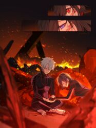  1boy 1girl alternate_costume barefoot black_hair blood blood_on_face closed_eyes closed_mouth commentary_request cosplay dark_persona dark_sakura dark_sakura_(cosplay) fate/grand_order fate/stay_night fate_(series) fire fujimaru_ritsuka_(male) heaven&#039;s_feel highres holding_hands lying matou_sakura profile red_eyes short_hair sitting tachie_(fate) toes tsukikusa_ao twitter_username violet_eyes white_hair 