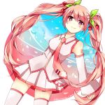  2012 akamomo bare_shoulders cherry detached_sleeves food fruit hatsune_miku long_hair necktie pink_eyes pink_hair sakura_miku signature skirt sky smile solo thigh-highs thighhighs twintails very_long_hair vocaloid 