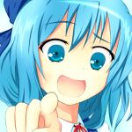  blue_eyes blue_hair bow cirno hair_bow highres laughing looking_at_viewer miya0504 open_mouth pointing pointing_at_viewer raised_eyebrow short_hair simple_background solo sunuu_(miya) touhou troll_face 