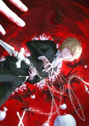  1boy black_jacket black_pants blonde_hair chain collared_shirt cowboy_shot disembodied_hand eyeball hair_between_eyes highres holding holding_weapon hunter_x_hunter jacket kurapika male_focus midriff_peek pants red_eyes shirt short_hair suit_jacket weapon whistle_0324 white_shirt 