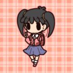  1girl azuki-chan azuki_(azuki-chan) backpack bag black_hair chibi fushigi_ebi outline plaid plaid_background randoseru skirt smile solid_oval_eyes solo twintails 