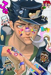  1boy bandaid bandaid_on_face bandaid_on_hand bandaid_on_nose between_fingers black_hair black_hat blue_eyes brown_eyes brown_hat brown_shirt card chain cherry chibi chibi_inset cigarette dark-skinned_male dark_skin dog earrings english_commentary flattop food fruit gakuran goodsmile414 green_eyes green_shirt grey_headband grid_background hat headband heart high_collar highres holding holding_card iggy_(jojo) jean_pierre_polnareff jewelry jojo_no_kimyou_na_bouken joseph_joestar joseph_joestar_(old) kakyoin_noriaki kujo_jotaro looking_at_viewer male_focus mohammed_avdol mouth_hold outline peaked_cap red_hair ring school_uniform shirt smoke smoking stand_(jojo) star_(symbol) star_platinum stardust_crusaders sticker sticker_on_face tarot the_star_(tarot) violet_eyes 