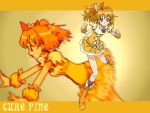  boots bow brown_eyes brown_hair character_name choker cure_pine food fresh_precure! fruit fuchi_minoru hair_bow heart magical_girl orange precure short_hair side_ponytail skirt smile solo wrist_cuffs yamabuki_inori yellow yellow_background 