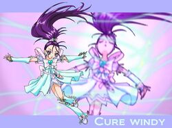  boots bow character_name closed_eyes cure_windy eyes_closed fuchi_minoru futari_wa_precure_splash_star long_hair magical_girl mishou_mai outstretched_arms ponytail precure purple purple_background purple_eyes purple_hair ribbon skirt solo spread_arms violet_eyes 