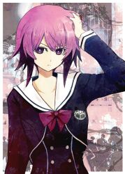  1girl bow chaos;child closed_mouth expressionless hair_between_eyes hekiho_academy_school_uniform highres jacket long_sleeves looking_at_viewer non-web_source onoe_serika pink_eyes pink_hair sailor_collar school_uniform science_adventure secretter short_hair solo upper_body 