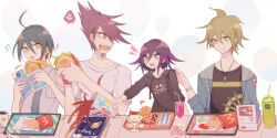  !? 4boys aegyo_sal ahoge amami_rantaro anger_vein annoyed antenna_hair aqua_hair bare_arms black_hoodie black_shirt blue_jacket blue_necktie book bowl box bracelet breast_pocket burger cameo cellphone character_charm charm_(object) closed_mouth clothes_writing coffee collarbone collared_shirt cup danganronpa_(series) danganronpa_2:_goodbye_despair danganronpa_v3:_killing_harmony drinking_glass drinking_straw ear_piercing eating facial_hair fang flame_print food food_wrapper fork french_fries furrowed_brow glass_bowl goatee green_eyes green_hair hair_between_eyes hand_on_another&#039;s_shoulder happy holding holding_food holding_phone hood hood_down hooded_jacket hoodie ice ice_cube jacket jewelry knife long_eyelashes long_hair_between_eyes long_sleeves looking_at_another male_focus mcdonald&#039;s messy_hair momota_kaito monomi_(danganronpa) mug multiple_boys multiple_piercings mustard napkin necktie oma_kokichi open_clothes open_jacket pendant phone piercing planet planetary_ring pocket polka_dot polka_dot_background print_shirt pudding saihara_shuichi sakura_(fein5862817) shirt short_hair short_sleeves sitting smartphone smile smiley_face soda speech_bubble spiky_hair spilling spoken_anger_vein striped_necktie t-shirt table three-quarter_sleeves upper_body v-shaped_eyebrows violet_eyes white_background white_shirt yellow_eyes 