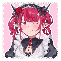 1girl apron black_dress blush border dress earrings highres hololive hololive_english irys_(hololive) irys_(maid)_(hololive) jewelry maid maid_headdress multicolored_hair one_eye_closed pink_background pointy_ears purple_hair red_hair shift_(shiftillust) simple_background solo streaked_hair tongue tongue_out twintails two-tone_hair violet_eyes virtual_youtuber white_border