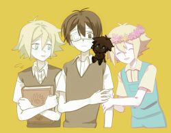  4boys ^_^ alternate_color alternate_eye_color antenna_hair basil_(faraway)_(omori) basil_(headspace)_(omori) basil_(omori) black_eyes black_hair black_skin black_sweater_vest blonde_hair blue_eyes blue_overalls blush book closed_eyes closed_mouth collared_shirt colored_skin crossed_arms double-parted_bangs dual_persona eyepatch flower flying_sweatdrops hair_between_eyes hands_on_another&#039;s_arm head_wreath highres holding holding_book looking_at_another lower_teeth_only mini_person miniboy moonskysoon multiple_boys omori open_mouth overalls parted_lips shirt short_hair short_sleeves sidelocks simple_background sitting smile spoilers stranger_(omori) sunny_(omori) sweatdrop sweater_vest teeth white_shirt yellow_background yellow_shirt 