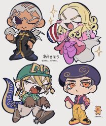  4boys :3 afro american_flag argyle_clothes argyle_sweater black_eyes black_hair blonde_hair boots brown_boots brown_gloves buzz_cut cassock cd cellphone chibi chibi_only clawed_gauntlets closed_eyes coat commentary_request curly_hair dark-skinned_male dark_skin diego_brando dinosaur_tail enrico_pucci fangs funny_valentine gloves green_helmet green_sweater grey_hair grey_pants hand_on_own_hip helmet highres holding holding_cd holding_phone jodhpurs jojo_no_kimyou_na_bouken jojolion long_coat long_hair long_sleeves male_focus multiple_boys naru_tomaki one_eye_closed open_mouth orange_eyes pants phone pink_coat pink_pants pink_shirt priest scary_monsters_(stand) shirt short_hair smartphone smile sparkle spurs stand_(jojo) steel_ball_run stone_ocean sweater tail teddy_bear_ornament tooru_(jojolion) turtleneck turtleneck_sweater very_short_hair white_hair yellow_pants 