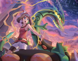  1girl bike_shorts bike_shorts_under_shorts black_sclera black_shorts blue_eyes bracelet brown_hair claws clouds cloudy_sky colored_sclera commentary_request dragon eastern_dragon eyelashes fanny_pack hairband highres hooh_lin jewelry may_(pokemon) mega_pokemon mega_rayquaza mega_ring mega_stone open_mouth pokemon pokemon_oras rayquaza red_eyes red_hairband red_shirt shirt shorts sky sleeveless sleeveless_shirt standing star_(sky) teeth upper_teeth_only white_shorts 