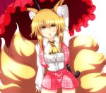  animal_ears arm_up ascot blonde_hair breasts brown_eyes cosplay fox_ears fox_tail highres kazami_yuuka kazami_yuuka_(cosplay) large_breasts merry_(diameri) multiple_tails no_hat no_headwear open_mouth parasol short_hair solo tail touhou umbrella vest yakumo_ran 