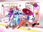  blonde_hair boots breasts cat clog_sandals dango dress fan fish folding_fan food friends japanese_clothes long_hair mask no_hat no_headwear oriental_umbrella origami phone pink_hair purple_eyes red_eyes saigyouji_yuyuko saigyouji_yuyuko_(living) sign snowman television touhou train umbrella violet_eyes wagashi wink yakumo_yukari yoicha yoichatrain 