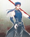  adapted_costume bare_shoulders blue_hair cape character_name earrings fate/stay_night fate_(series) gae_bolg jewelry lancer long_hair male polearm ponytail red_eyes solo spear weapon yuu_(yu_h) 