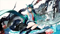  1girl absurdres aizuki_sui arknights bead_bracelet beads black_hair bracelet colored_skin dragon_girl dragon_horns dragon_tail dusk_(arknights) eastern_dragon_tail gradient_skin green_hands green_horns green_skin highres holding holding_paintbrush holding_scroll horns jewelry looking_to_the_side paintbrush pointy_ears red_eyes scroll solo tail 