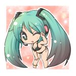  ;d anklet aqua_hair barefoot bikini blinking breasts chibi cleavage fushigi_ebi green_eyes hand_on_leg hatsune_miku headset jewelry leaning_forward long_hair looking_at_viewer navel open_mouth side-tie_bikini smile solo swimsuit twintails vocaloid wink 