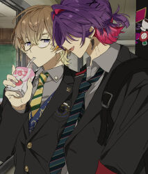  2boys black_jacket brown_hair collared_shirt colored_inner_hair drinking drinking_straw fura_kanato fura_kanato_(school_uniform) glasses grey_shirt half_updo highres indoors jacket looking_at_another male_focus matsuhago multicolored_hair multiple_boys necktie nijisanji official_alternate_costume purple_hair round_eyewear school_uniform shirt short_hair strawberry_milk two-tone_hair upper_body violet_eyes virtual_youtuber watarai_hibari watarai_hibari_(school_uniform) 