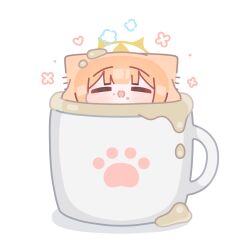  1girl animal_ears blue_archive blunt_bangs blush chibi closed_eyes cup food food_on_face halo highres horuhara mari_(blue_archive) mini_person minigirl open_mouth orange_hair paw_print smile solo yellow_halo 