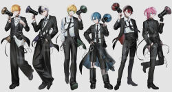  6+boys :d adjusting_clothes ahoge akkiy_(amptakxcolors) amptakxcolors aqua_eyes arm_out_of_sleeve atto_(amptakxcolors) azuma_hatori baggy_pants bandaid bandaid_on_cheek bandaid_on_face belt belt_buckle black_belt black_choker black_coat black_gloves black_hair black_jacket black_necktie black_pants black_shirt black_shoes black_vest blonde_hair blue_eyes blue_hair buckle buriki_no_dance_(vocaloid) chain chain_necklace chest_harness choker closed_mouth clothing_cutout coat collar_chain_(jewelry) collared_shirt colored_tips cummerbund detached_pants dress_pants dress_shoes ear_piercing earclip earrings gloves gradient_hair green_eyes green_hair grin hair_behind_ear hair_between_eyes hair_ornament hairclip half_gloves half_updo hand_in_pocket hand_on_own_hip hand_up harness heterochromia highres holding holding_megaphone jacket jewelry ketcha_(amptakxcolors) lapels lineup long_sleeves looking_at_viewer male_focus mazeta_(amptakxcolors) medium_hair megaphone monk_shoes multicolored_hair multiple_boys nail_polish necklace necktie notched_lapels o-ring o-ring_choker o-ring_harness o-ring_thigh_strap official_art open_clothes open_coat open_collar open_jacket oxfords pants parted_lips peaked_lapels pendant_choker piercing pink_hair platform_shoes pretz_(amptakxcolors) purple_nails red_eyes red_hair sample_watermark shirt shirt_partially_tucked_in shirt_tucked_in shoe_soles shoes short_hair side_cutout side_part sideways_glance simple_background single_earring smile split-color_hair standing standing_on_one_leg thigh_strap tigusakun_(amptakxcolors) turtleneck turtleneck_shirt two-sided_coat two-sided_fabric two-sided_jacket two-tone_hair undershirt utaite v-shaped_eyebrows vest wallet_chain watermark white_background white_hair white_shirt yellow_eyes 