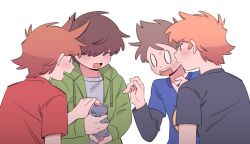  0_0 4boys :d ^_^ alternate_eye_color animal antenna_hair black_shirt blank_eyes blue_shirt blush braces brown_hair cat closed_eyes closed_mouth commentary_request drawstring edd_(eddsworld) eddsworld freckles green_jacket grey_cat grey_shirt hair_over_one_eye hands_up holding holding_animal holding_cat hood hood_down hooded_jacket jacket layered_sleeves long_sleeves male_focus matt_(eddsworld) mjsc_10 multiple_boys one_eye_covered open_clothes open_jacket open_mouth orange_hair red_eyes red_shirt ringo_(eddsworld) shirt short_hair short_over_long_sleeves short_sleeves simple_background smile sweatdrop swept_bangs t-shirt teeth tom_(eddsworld) tongue tord_(eddsworld) upper_body upper_teeth_only very_short_hair violet_eyes white_background 