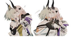  2girls absurdres animal_ear_fluff animal_ears arknights armband assertive_female black_collar blonde_hair blue_eyes breasts cat_ears cat_girl closed_mouth coat collar detached_collar dragon_girl dragon_horns dress eighth_note eye_contact green_dress green_eyes grey_hair hand_on_another&#039;s_chin highres holding_another&#039;s_wrist horns jacket jewelry kal&#039;tsit_(arknights) kiss long_hair long_sleeves looking_at_another material_growth medium_hair multiple_girls multiple_rings musical_note necrass_(arknights) off_shoulder oripathy_lesion_(arknights) parted_lips purple_armband ring simple_background small_breasts star_of_life watch watch white_background white_coat white_jacket ylceon yuri 