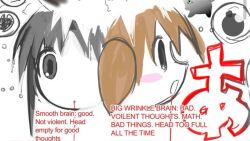 2girls :o azumanga_daioh black_eyes black_hair blood blood_from_mouth blush blush_stickers brown_hair canihavepromo cropped drooling english english_text from_side head_only hiragana japanese kasuga_ayumu landscape mihama_chiyo moe nosebleed open_mouth scribble side_view simple_background sketch twintails what white_background