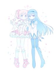  2girls akemi_homura argyle_clothes argyle_footwear black_boots black_hair black_hairband blush boots bow bow_choker bubble_skirt capelet choker copyright_name cross expressionless frilled_skirt frills gloves hair_bow hairband heart heart_hands heart_hands_duo high_heels highres kaname_madoka kyubey light_smile lolita_fashion long_hair mahou_shoujo_madoka_magica mahou_shoujo_madoka_magica_(anime) medium_hair multiple_girls pink_bow pink_eyes pink_hair pink_shoes pleated_skirt puffy_short_sleeves puffy_sleeves purple_bow shoes short_sleeves short_twintails skirt socks soul_gem sparkle twintails violet_eyes white_background white_gloves white_skirt white_socks wings x_x_dame 