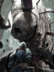  1other armor bearer_of_the_curse blue_tunic commentary_request cowboy_shot dark_souls_(series) dark_souls_ii holding holding_shield holding_sword holding_weapon impaled kasutank knight other_focus pauldrons shield shoulder_armor sword the_last_giant tunic weapon 