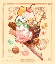  2021 animal-themed_food artist_name cherry commentary cookie english_commentary english_text food food_focus food_wrapper fruit highres ice_cream ice_cream_cone nao_(bestrollever) no_humans original rabbit sparkle spoon stamp_mark wafer_stick whipped_cream yellow_background 