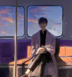 1boy awl_inthe_world black_hair black_shirt coat collared_shirt crossed_legs faceless facing_viewer foot_out_of_frame full_body hands_on_lap highres kim_dokja looking_at_viewer omniscient_reader&#039;s_viewpoint open_clothes open_coat painterly popped_collar shirt short_hair sitting solo train_interior white_coat window_light 