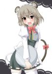  animal_ears apron blush bowtie fang grey_hair maid_headdress masiromu mouse_ears mouse_tail nazrin open_mouth platter red_eyes solo tail tail_bow thigh-highs thighhighs touhou waist_apron white_legwear 