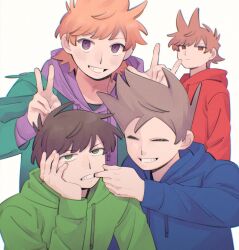  4boys :d \||/ ^_^ alternate_eye_color antenna_hair arms_at_sides brown_hair chromatic_aberration clenched_teeth closed_eyes closed_mouth derivative_work drawstring edd_(eddsworld) eddsworld film_grain finger_to_another&#039;s_mouth fingernails green_eyes green_hoodie green_jacket grin hair_behind_ear hair_horns hand_up hands_up highres hood hood_down hoodie jacket jacket_over_hoodie layered_sleeves long_sleeves looking_at_viewer male_focus matt_(eddsworld) mjsc_10 multiple_boys open_clothes open_jacket orange_hair puffy_long_sleeves puffy_sleeves purple_hoodie red_eyes red_hoodie short_hair simple_background smile teeth tom_(eddsworld) tord_(eddsworld) upper_body v v-shaped_eyebrows very_short_hair violet_eyes white_background 