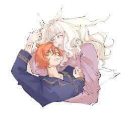  2girls :t animal_ears biwa_hayahide_(umamusume) blue_pajamas blue_shirt blush closed_mouth commentary english_commentary hair_between_eyes hana_(hhhh_hh_hhh_hhh) heads_together highres horse_ears horse_girl hug long_hair long_sleeves lying multiple_girls on_back one_eye_closed orange_hair pajamas purple_pajamas purple_shirt shared_bed shirt short_hair simple_background sleeping t.m._opera_o_(umamusume) umamusume wavy_hair white_background white_hair yellow_eyes 