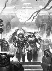  6+boys adeptus_astartes angel angel_wings armor banner blood_angels english_commentary full_armor greyscale highres holding_banner imperial_fists jaghatai_khan leman_russ malcador_the_sigillite male_focus mikhail_savier monochrome multiple_boys official_art ornate_armor outdoors power_armor primarch rogal_dorn sanguinius space_wolves stairs walking warhammer_40k white_scars wings 