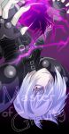  albino bodysuit brad_kirsten claws hair_over_one_eye highres male psychic_force purple_background red_hair redhead solo suiu upside-down white_hair 