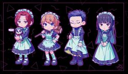  ... 2boys 2girls :< alternate_costume animal annoyed apron arai_motoha artist_name back_bow bird black_background black_boots black_dress black_hair black_shoes blue_eyes boots bow bright_pupils brown_eyes brown_hair closed_eyes closed_mouth collared_dress crossdressing crossdressing_(mtf) curtained_hair dress enmaided frilled_dress frills full_body furrowed_brow hand_on_own_hip highres holding holding_animal holding_bird holding_mop jack_7274 juliet_sleeves kamishiro_nagisa kanou_shun lace-up_boots long_dress long_hair long_sleeves looking_at_viewer lufel_(owl)_(p5x) lufel_(p5x) maid maid_apron maid_headdress male_maid mary_janes mop multiple_boys multiple_girls neck_ribbon outline parted_bangs persona persona_5 persona_5:_the_phantom_x pleated_dress puffy_short_sleeves puffy_sleeves purple_outline red_eyes red_hair red_ribbon ribbon shaking shoes short_hair short_sleeves signature simple_background skirt_hold sleeve_cuffs smile socks speech_bubble spoken_ellipsis sweat tanemura_riko v_arms very_short_hair waist_apron white_apron white_bow white_pupils white_socks wing_collar wrist_cuffs 