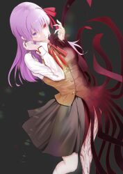  1girl absurdres beatrix_vivi black_background black_skirt brown_vest collared_shirt cropped_legs dark_sakura dual_persona fate/stay_night fate_(series) heaven&#039;s_feel heterochromia highres matou_sakura purple_hair red_eyes school_uniform shirt skirt solo vest violet_eyes white_shirt 