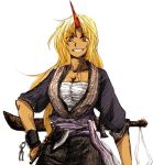  1girl alternate_costume blonde_hair dark_skin grin hoshiguma_yuugi long_hair rhapsode sarashi smile sword touhou weapon 