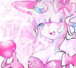  1girl animal_ears blue_eyes blush blush_stickers bow breasts canihavepromo character_name cleavage eyelashes fang female flower furry furry_female glitter heart holding holding_heart humanization large_breasts lens_flare light_blue_eyes musical_note open_mouth original original_character personification pink_bow pokemon pokemon_xy solo star_(symbol) sylveon text white_fur white_hair zoom_layer 