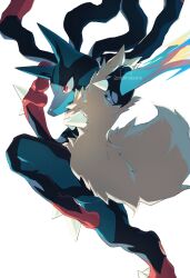  1other black_fur blue_fur furry highres korosliszt lucario mega_lucario mega_pokemon multicolored_fur pokemon pokemon_(creature) pokemon_focus red_eyes red_fur simple_background solo spikes white_background yellow_fur 