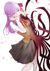  1girl absurdres beatrix_vivi black_skirt brown_vest collared_shirt cropped_legs dark_sakura dual_persona fate/stay_night fate_(series) heaven&#039;s_feel heterochromia highres matou_sakura purple_hair red_eyes school_uniform shirt skirt solo vest violet_eyes white_background white_shirt 