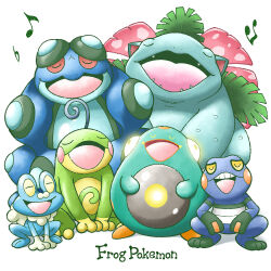  animal_focus bellibolt closed_eyes commentary_request croagunk english_text fangs froakie frog highres leaf music musical_note no_humans nostrils open_mouth pokemon pokemon_(creature) pokemon_focus pokemon_move politoed round_(pokemon) seismitoad sharp_teeth simple_background singing smile species_connection teeth tomonoharuma upper_teeth_only venusaur white_background 