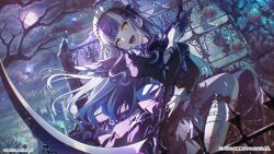  1girl alternate_hair_color artist_request bang_dream! black_dress castle clouds dress highres holding holding_sickle long_hair looking_at_viewer moon multicolored_hair nail_polish night night_sky nyubara_reona official_alternate_hair_color official_art outdoors pumpkin sickle sitting sky solo streaked_hair teeth upper_teeth_only yellow_eyes 