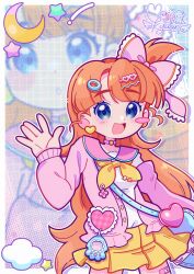  ! 1girl :d absurdres alternate_costume artist_name artist_self-insert bag bandaid bandaid_on_thigh blue_bag blue_eyes blunt_bangs blush blush_stickers border bow breasts buttons character_background choker clouds commentary cowboy_shot crescent dot_nose earrings english_commentary fingernails frilled_bow frills grid_background hair_bow hair_ornament hairclip halftone halftone_background hand_up happy heart heart_earrings heart_hair_ornament heart_ornament highres indie_virtual_youtuber jacket jacket_partially_removed jewelry legs_apart long_hair long_sleeves looking_at_viewer marikyuunn marikyuunn_(vtuber) medium_breasts miniskirt multiple_hair_clips multiple_views neckerchief one_side_up open_clothes open_hand open_jacket open_mouth orange_hair outline outside_border patterned_background pink_bow pink_choker pink_sailor_collar pleated_skirt sailor_collar sailor_shirt shirt shoulder_bag signature skirt smile star_(symbol) thick_eyebrows very_long_hair virtual_pet_(toy) virtual_youtuber waving white_border white_outline white_shirt yellow_neckerchief yellow_skirt 
