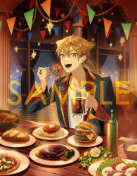  1boy :d banner basket bottle bowl brown_hair burger caprese_salad chair commentary_request company_name copyright_notice cup curtains dolustoy drink flower food fork fushimi_gaku fushimi_gaku_(1st_costume) hair_between_eyes hamburger_steak holding holding_cup holding_fork jacket jewelry leaf looking_at_viewer male_focus mozzarella_(cheese) multiple_rings nijisanji official_art open_clothes open_jacket open_mouth pasta pizza ponytail ring sample_watermark shirt short_ponytail smile solo spaghetti teeth tomato tomato_slice tongue virtual_youtuber watermark white_flower white_shirt window yellow_eyes 